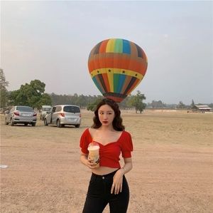 ♥️ red ribbed slight puff sleeve crop top